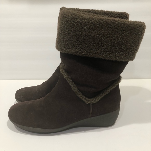 Easy Spirit Evander Brown Suede Leather Boots Faux Fur Wedge Heel size 8.5M - Picture 1 of 12